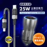 HANG 25W金屬頭 PD+QC雙孔快充車充頭+PD20W抗彎折 Type-C to Lightning 鋁合金充電線