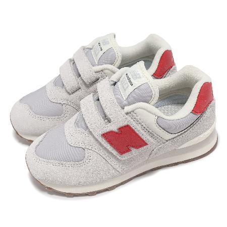 New Balance 休閒鞋 574 中童 寬楦 灰 紅 麂皮 拼接 小朋友 魔鬼氈 運動鞋 NB PV574RF1-W