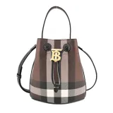 BURBERRY LolaTB金字LOGO格紋帆布束口水桶包(暗樺木棕色)