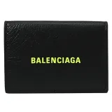 BALENCIAGA 巴黎世家 594312 燙印LOGO牛皮三折小短夾.黑/螢光黃