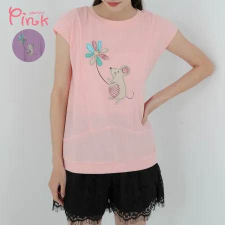 Pink*可愛小老鼠布繡上衣(2色) L3310HD