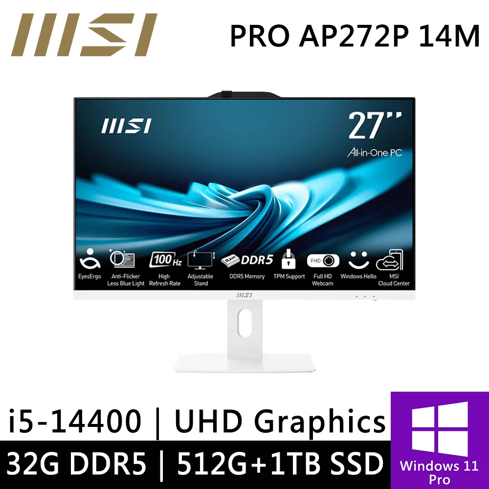 微星PRO AP272P 14M-631TW-SP3 27型 白 特仕版(16G+16G/215G+1TB SSD)