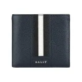 BALLY TEVYE銀字立體LOGO防刮牛皮飾條紋6卡對折短夾(深藍x黑白條紋)