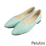 【Pelutini】尖頭菱格紋編織造型平底鞋 湖水綠(8758W-LGR)