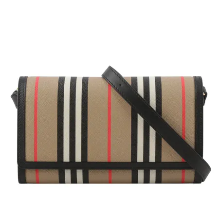 【BURBERRY】Hannah Icon Stripe 經典條紋皮夾式斜背包(米色/黑色)