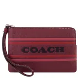 COACH 荔枝紋皮革LOGO條紋手拿包(酒紅色)