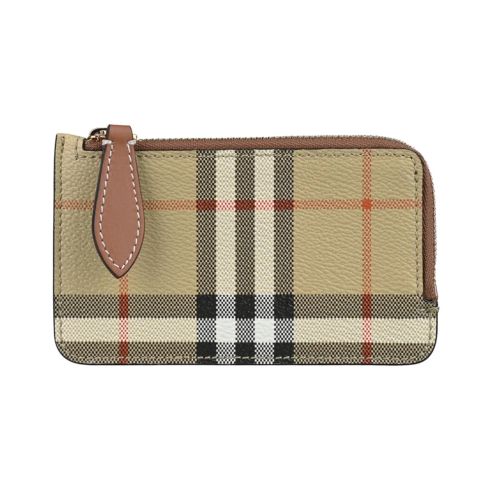 BURBERRY Somerset內皮標LOGO格紋設計PVC 3卡拉鏈零錢包(典藏米x棕)