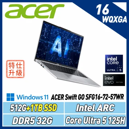 【改機送機械鍵盤】ACER SwiftGO SFG16-72-57WR灰(Ultra5 125H/32G/512+1T)