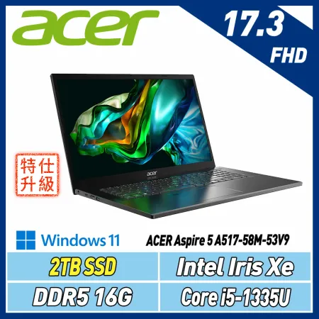 (特仕機)ACER Aspire 5 A517-58M-53V9 灰 17.3吋(i5-1335U/16G/2T SSD