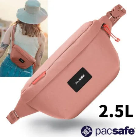 ☆【Pacsafe】防盜斜背包/腰包/臀包2.5L.RFID護照包.隨身包/35100340 玫瑰粉