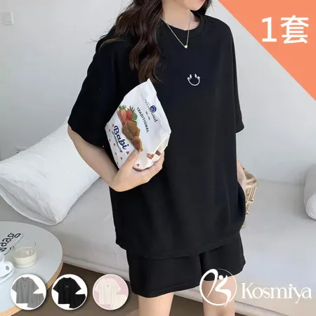 【Kosmiya】1套 華夫格圓領棉質短袖睡衣褲/寬鬆睡衣/短袖睡衣/女睡衣/棉質睡衣/涼感睡衣