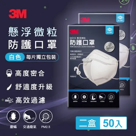  3M 9513 KN95懸浮微粒防護口罩-單包裝25片(白色) 2盒共50片