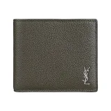 YSL SAINT LAURENT Tiny Cassandre仿舊復古銀字LOGO荔枝紋小牛皮8卡對折短夾(深卡其綠)