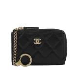 【CHANEL】金色CC Logo 粒紋牛皮拉鍊鑰匙包/零錢包/卡包(黑色)