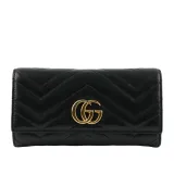 【GUCCI】GG Marmont 牛皮金屬雙G LOGO翻蓋長夾(黑色)_展示品