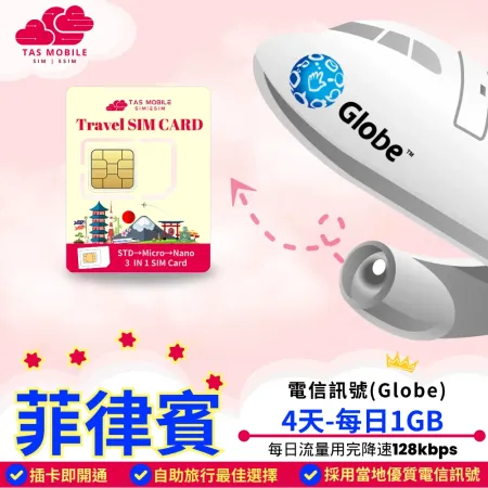 【TAS Travel SIM】菲律賓上網卡 Globe電信 4天/每日1GB 總量無限吃到飽