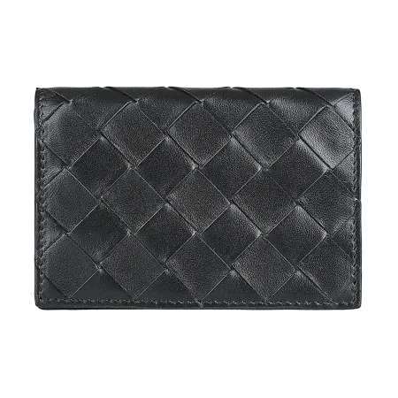BV BOTTEGA VENETA Intrecciato內裡壓印LOGO小編織格紋 小羊皮2卡釦式卡包 黑 