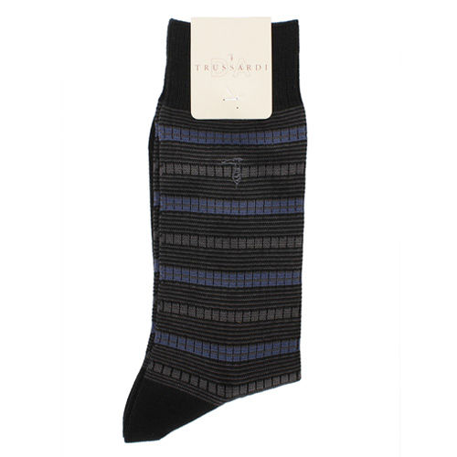 TRUSSARDI 休閒橫條繡紋棉襪-藍