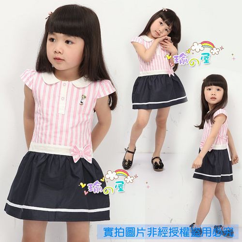 夏日《粉條紋小熊》甜美氣質小洋裝【現貨+預購】