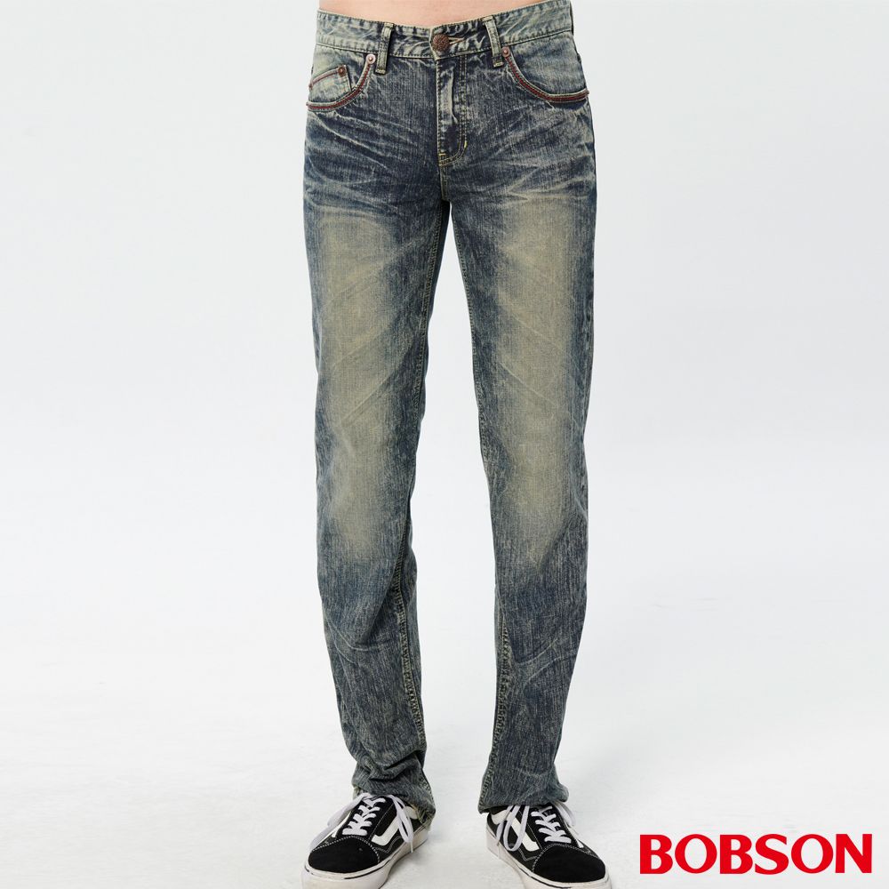 【BOBSON】男款刷白立體壓褶直筒褲(藍52)