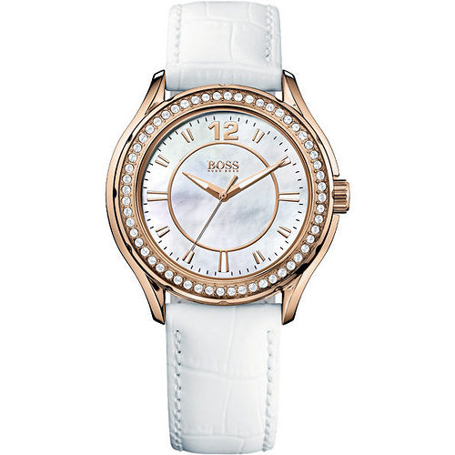 Hugo Boss 美麗翹佳人珍珠晶鑽腕錶-白/玫塊金 H1502265