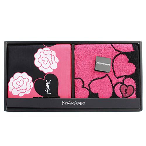 YSL 愛心玫瑰邊框二入帕方巾禮盒-桃紅/黑色