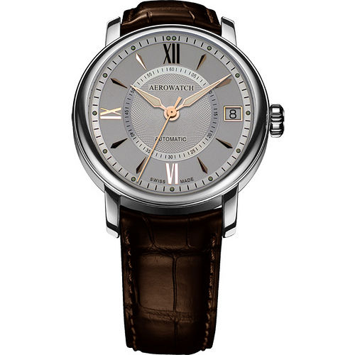 AEROWATCH 雅緻扭索時尚機械腕錶-銀/咖啡 A70930AA03