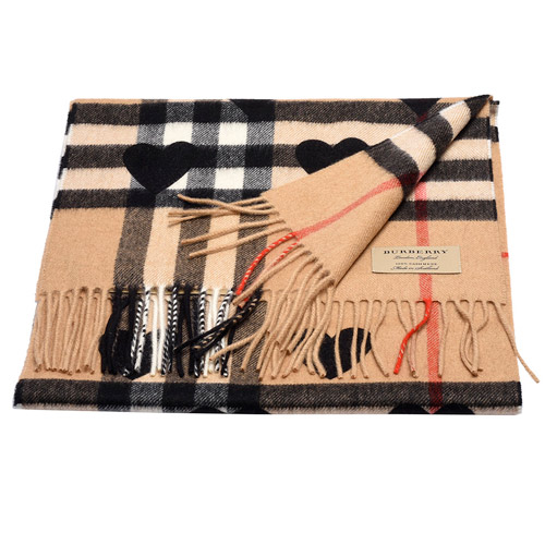 burberry 经典格纹心型印花喀什米尔羊毛围巾(黑x驼色)