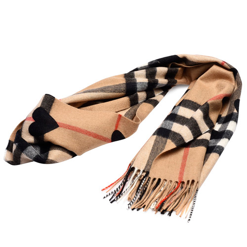 burberry 经典格纹心型印花喀什米尔羊毛围巾(黑x驼色)
