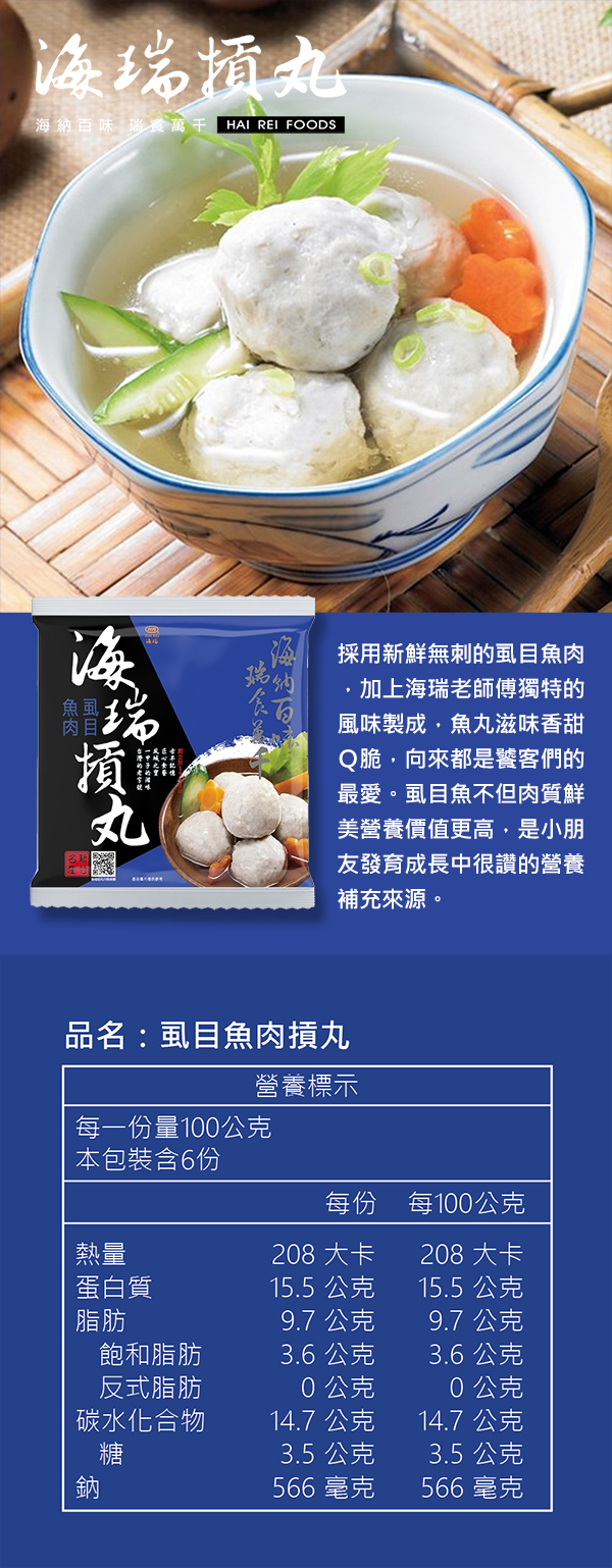 海瑞丸海納百味瑞萬干 HAI REI FOODS丸採用新鮮無刺的虱目魚肉加上海瑞老師傅獨特的風味製成,魚丸滋味香甜Q脆,向來都是饕客們的最愛。虱目魚不但肉質鮮美營養價值更高,是小朋友發育成長中很讚的營養補充來源。品名:虱目魚肉丸營養標示每一份量10公克本包裝含6份每份每100公克熱量208 大卡208 大卡蛋白質15.5 公克15.5 公克脂肪9.7公克9.7 公克飽和脂肪3.6公克3.6 公克反式脂肪0公克0公克碳水化合物14.7公克14.7 公克糖3.5 公克3.5 公克鈉566 毫克566 毫克