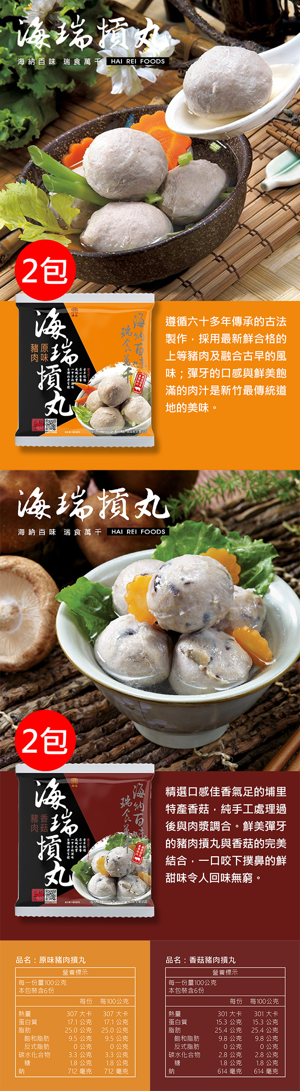 瑞海納百味 瑞食 HAI REI FOODS2包豬原肉味丸遵循六十多年傳承古法製作採用最新合格的上等豬肉及融合古早的風味;彈牙的口感與鮮美的滿的肉汁是新竹最傳統道地的美味。海納百味 瑞食 HAI REI FOODS2包海肉瑞插画丸精選口感佳香氣足的埔里特產香菇純手工處理過後與肉漿調合。鮮美彈牙的豬肉丸與香菇的完美結合,一口咬下撲鼻的鮮甜味令人回味無窮。品名:原味豬肉摃丸品名:香菇豬肉摃丸營養標示營養標示每一份量1公克每一份量1公克本包裝含份 本包裝含6份每份 每100公克熱量蛋白質脂肪飽和脂肪307 大卡307 大卡熱量17.1公克17.1公克蛋白質每份 每100公克301 大卡 301 大卡15.3 公克 15.3 公克25.0公克25.0公克9.5 公克9.5 公克反式脂肪0公克0公克脂肪飽和脂肪反式脂肪9.8公克25.4公克25.4 公克9.8公克0公克0公克碳水化合物3.3 公克3.3 公克碳水化合物2.8公克2.8公克糖1.8公克1.8公克糖1.8公克1.8公克鈉712 毫克712毫克鈉614毫克614 毫克