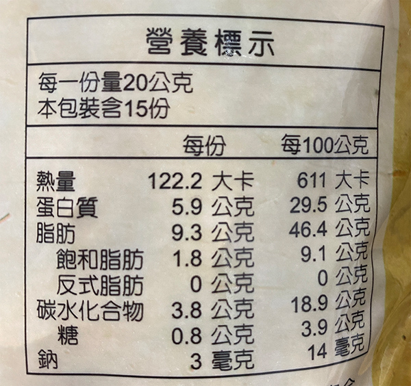 營養標示每一份量2公克本包裝含15份每份每100公克熱量122.2 大卡611 大卡蛋白質5.9公克29.5公克脂肪9.3公克46.4公克飽和脂肪1.8公克9.1公克反式脂肪碳水化合物0公克0公克3.8公克18.9公克糖0.8公克3.9公克鈉3 毫克14毫克