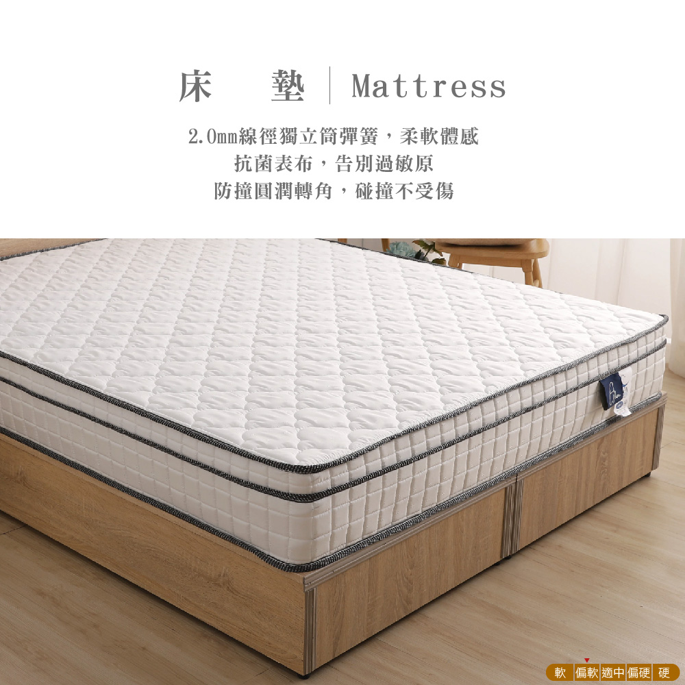 床墊Mattress線徑獨立筒彈簧,柔軟體感抗菌表布,告別過敏原防撞圓潤轉角,碰撞不受傷軟偏軟 適中 偏硬硬