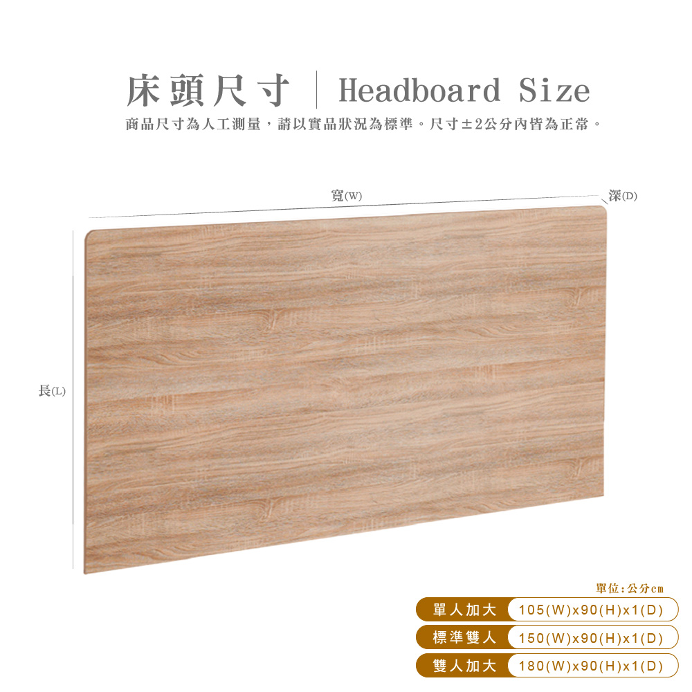長床頭尺寸 | Headboard Size商品尺寸為人工測量,請以實品狀況為標準。尺寸±2內皆為正常。寬(W)()單位:公分單人加大 105(W)x90(H)x1(D)標準雙人 150(W)x90(H)x1(D)雙人加大180(W)x90(H)x1(D)
