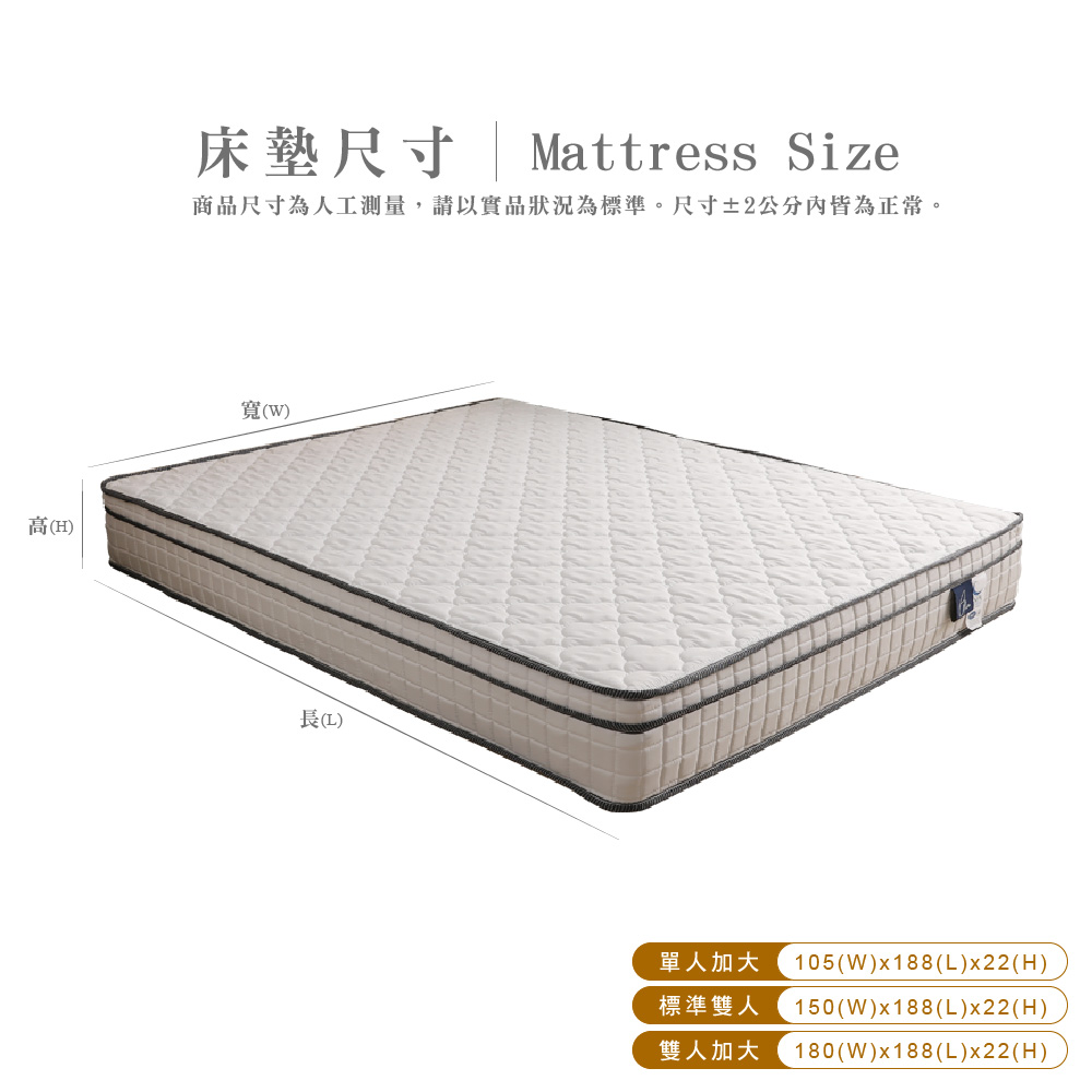 高H床墊尺寸Mattress Size商品尺寸為人工測量,請以實品狀況為標準。尺寸±2公分內皆為正常。寬(W(單人加大 105(W)x188(L)x22(H)標準雙人 150(W)x188(L)x22(H)雙人加大 180(W)x188(L)x22(H)