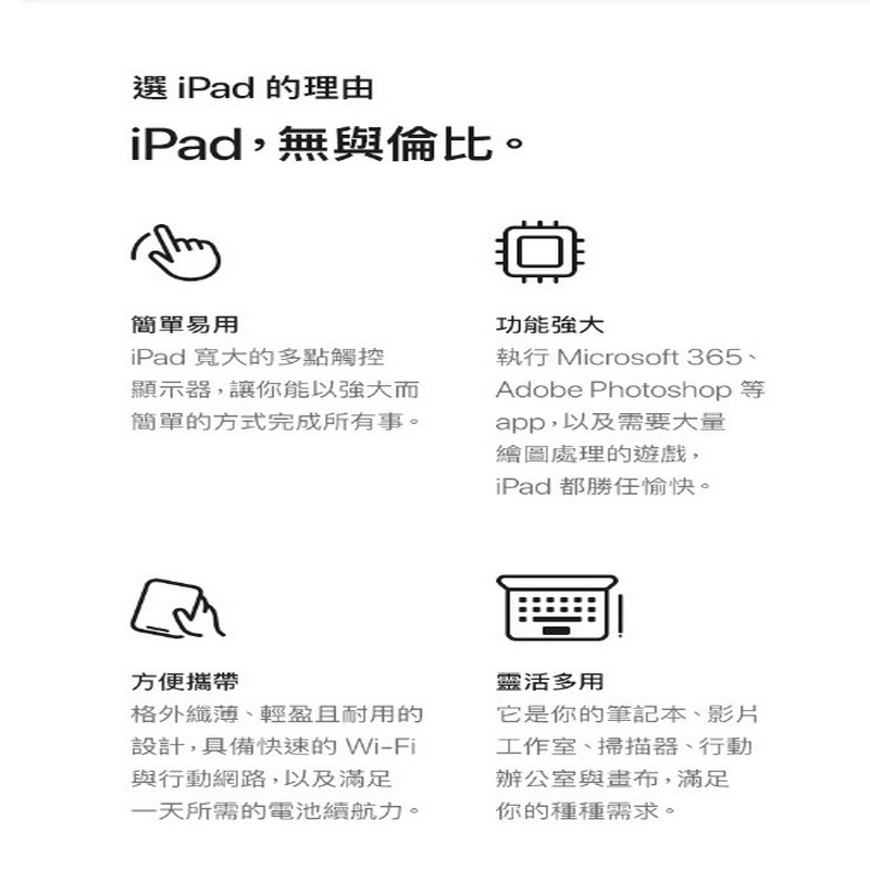 選 iPad 的理由iPad,無與倫比。簡單易用iPad 寬大的多點觸控顯示器,讓你能以強大而簡單的方式完成所有事。功能強大執行 Microsoft 365、Adobe Photoshop app,以及需要大量繪圖處理的遊戲,iPad 都勝任愉快。方便攜帶格外纖薄、輕盈且耐用的設計,具備快速的Wi-Fi與行動網路,以及滿足一天所需的電池續航力。靈活多用它是你的筆記本、影片工作室、掃描器、行動辦公室與畫布,滿足你的種種需求。