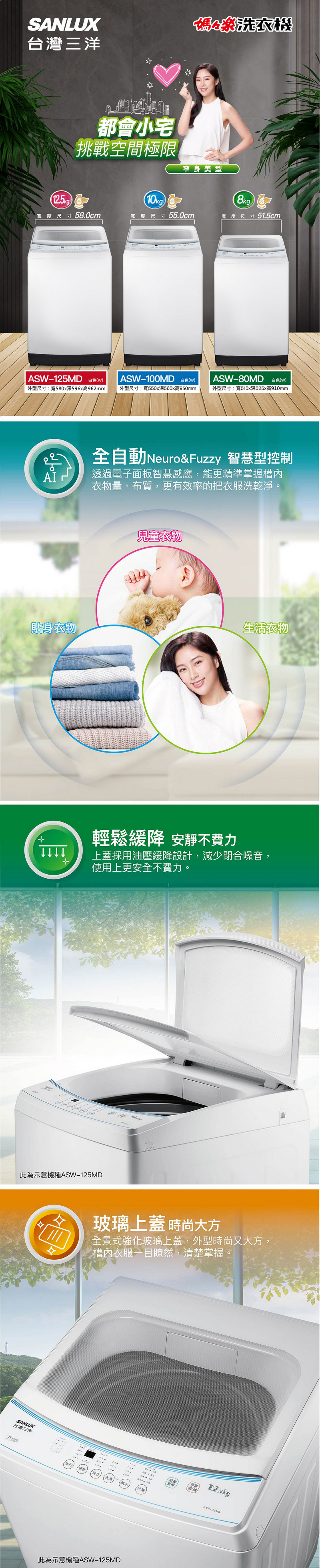 SANLUX台灣三洋洗衣機都會小宅挑戰空間極限窄身美型12.5kg10kg8kg寬度尺寸58.0cm寬度尺寸55.0cm寬度尺寸51.5cmAS 白色()ASW100MD 白色(W)ASW-80MD 白色(w)外型尺寸:寬580x深596x高962mm外型尺寸:寬550x深565x高950mm外型尺寸:寬515x深525x高910mm全自動 Neuro& Fuzzy 智慧型控制AI透過電子面板智慧感應,能更精準掌握槽內衣物量、布質,更有效率的把衣服洗乾淨。兒童衣物貼身衣物生活衣物輕鬆緩降 安靜不費力上蓋採用油壓緩降設計,減少閉合噪音,使用上更安全不費力。此為示意機種ASW-125MDSANLUX台灣三洋酱玻璃上蓋 時尚大方全景式強化玻璃上蓋,外型時尚又大方,槽內衣服一目瞭然,清楚掌握。水此為示意機種ASW-125MD電源 12.5kg/關ASW-125MD